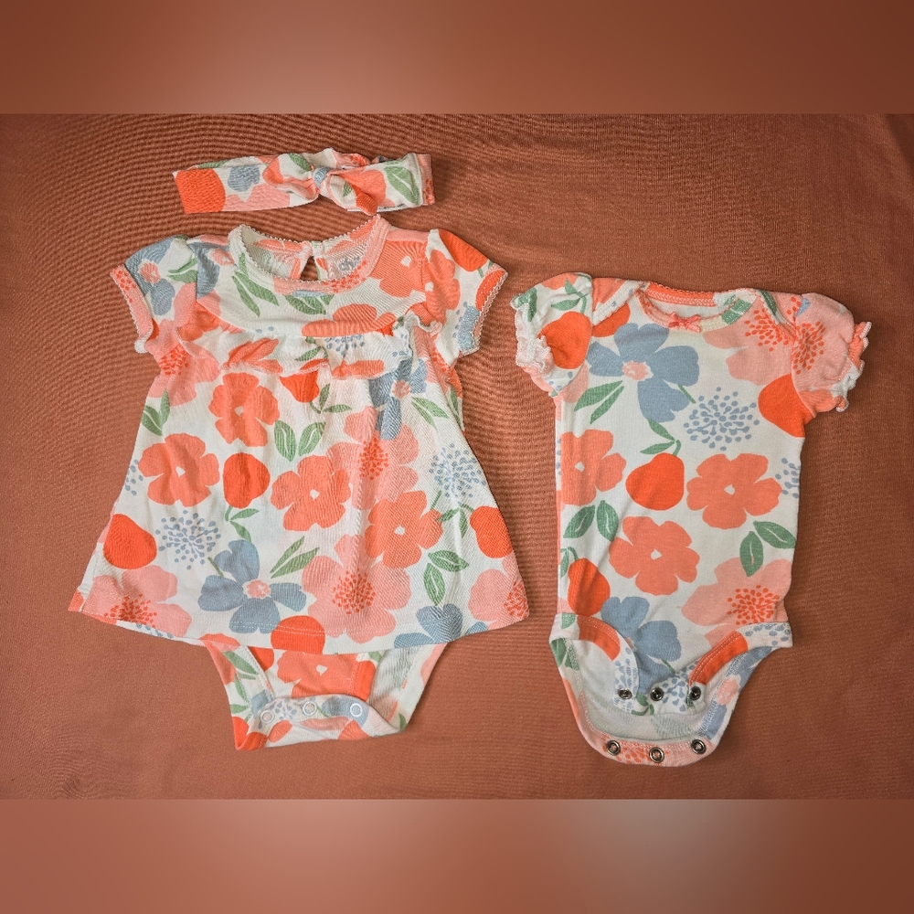 Floral Baby Outfit Set - Orange and Blue